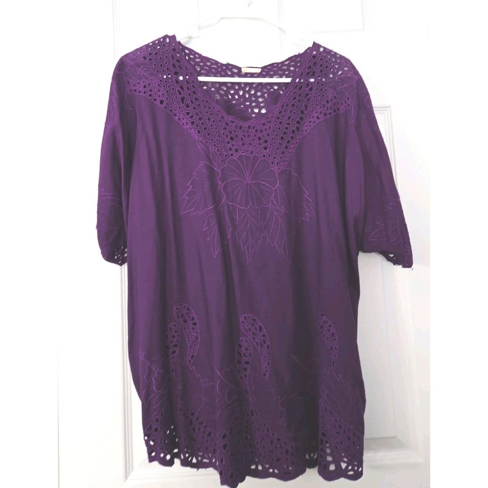 Unbranded Womans Short Sleeve Blouse Size Large Purple With Embroidered Florial